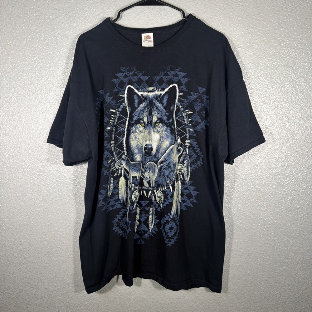 Fruit Of The Loom Shirt Mens 2XL XXL Black Wolf Dreamcatcher Graphic Nature Tee